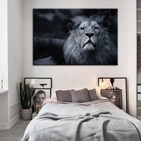 Grayscale Besorgter Löwe - Leinwand Wandkunst Gemälde