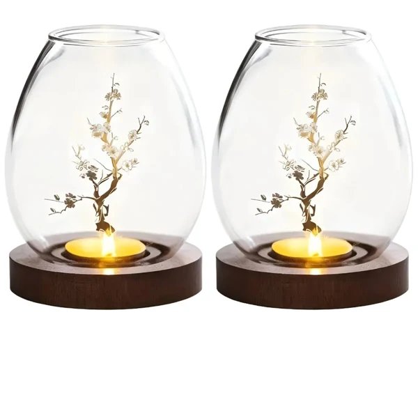 2-teiliges Set aus Glas-Teelichtern mit Holzsockel - dekorativ im retro Zen-Stil | perfekt für das Wohnzimmer, Tischdekoration und im Freien