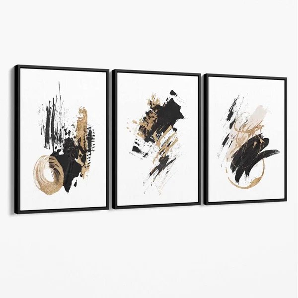 Abstraktes Set aus 3 minimalistischen Leinwandbildern in Schwarz und Gold