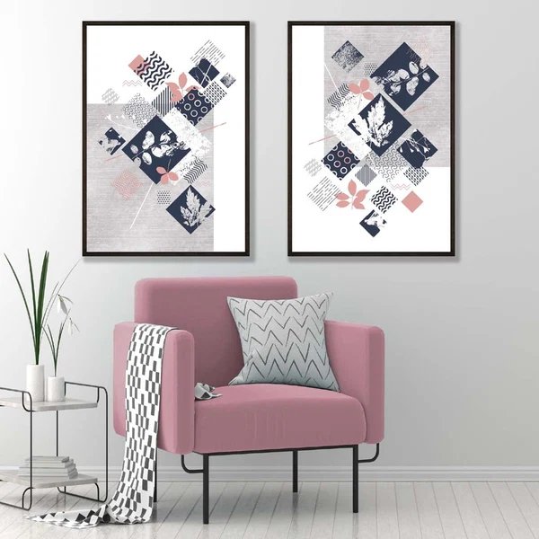 2-teiliges Set Kunstdrucke mit floralem Mixed-Media-Muster in Blau, Rosa und Grau Hover Image