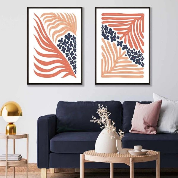 Set mit 2 Kunstdrucken im Boho-Blumenrahmen in Blush Pink und Navy