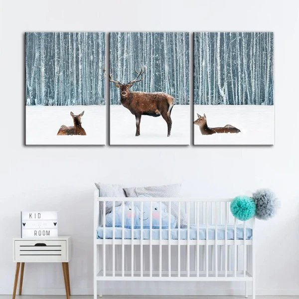 Zwei Rehe und ein Hirsch im Winter - Leinwandbild, 3-teilig