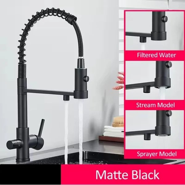 Schwarzer Filter-Küchenwasserhahn mit Dual-Auslauf – Mischbatterie mit Wasserfilter für Küchen, Wasseraufbereitung und Reinigung