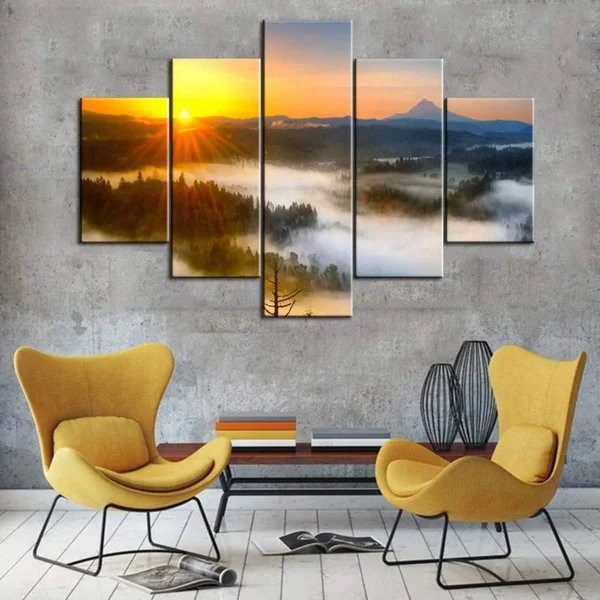5er-Set Leinwandbilder mit Sonnenuntergangsbaum-Motiv