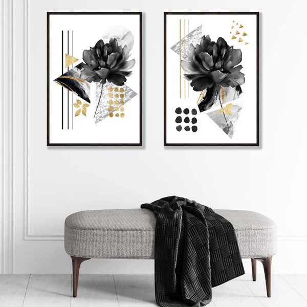 Zeitgenössische Blumen in Schwarz und Gold, 2 Kunstdrucke Hover Image