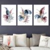 Botanisches Set mit 3 gerahmten Wandbildern mit rosa und blauen Blumenmotiven