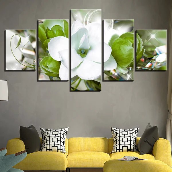 Zarte weiße und grüne Blumen 5-teilig - Canvas Wandkunst Gemälde Hover Image