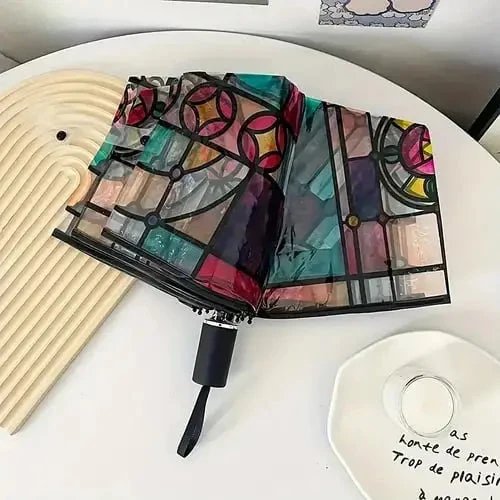 Automatischer Regenschirm – Vintage-Design mit Buntglas und Windvorhersage Hover Image