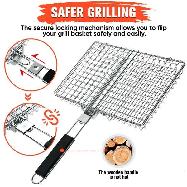 Faltbarer Grillkorb mit Holzgriff Außen Camping BBQ Rack Hover Image