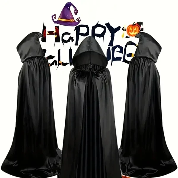 Schwarzer Umhang mit Kapuze – Langer Unisex Halloween- & Cosplay-Wickel Hover Image