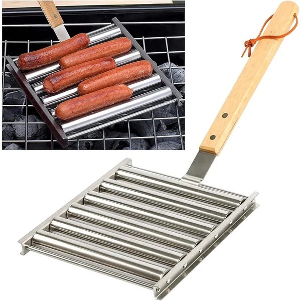 Rotierendes Hot Dog Grill Rack mit abnehmbarem Holzgriff