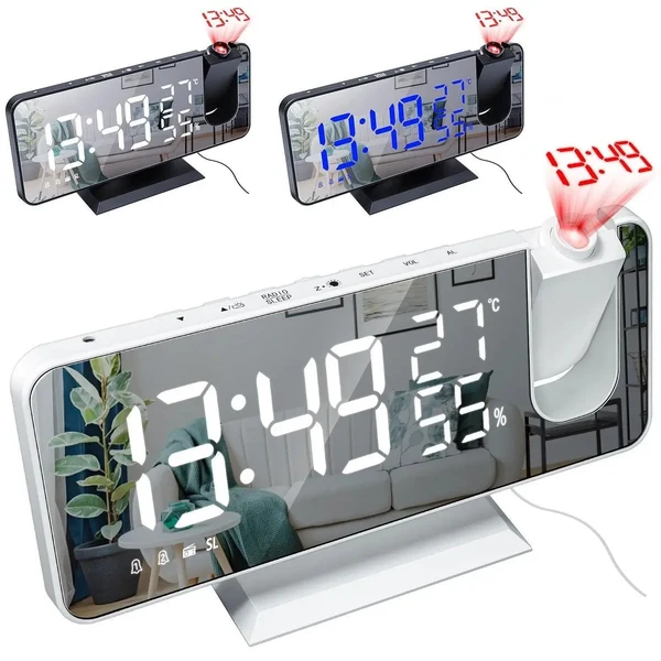 Projektions-Wecker mit Spiegeldisplay und großem LED-Bildschirm Hover Image