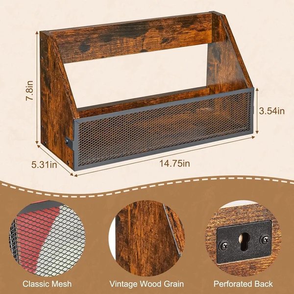 Wandregal Aus Vintage-Holz mit Dekorativem Metallgitter