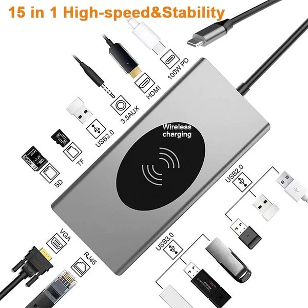 15in1 USB-C Wireless-Ladestation Docking Station Hover Image
