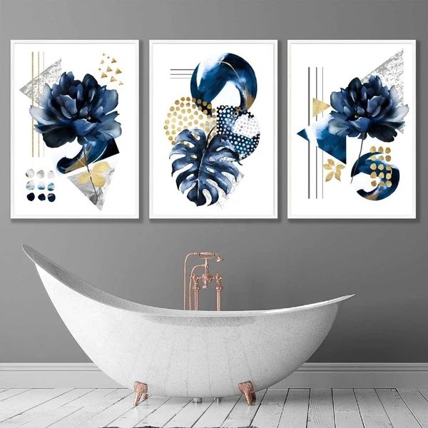Abstraktes maritimes und goldenes botanisches Set aus 3 gerahmten Wandbildern