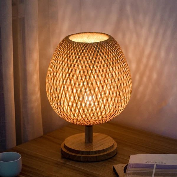 Woven Bamboo Nachttischlampe im Vintage-Retro-Stil