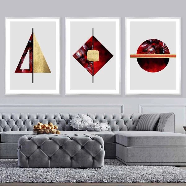 Art-Deco-Set aus 3 Wandbildern in Rot, Schwarz und Gold