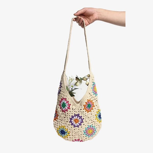 Damen Henkeltasche aus handgeknüpftem Makramee mit bunten Applikationen