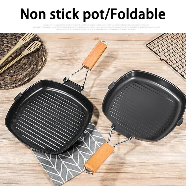 Antihaft-Gusseisen-Grillpfanne Faltbare Bratpfanne mit Holzgriff Hover Image