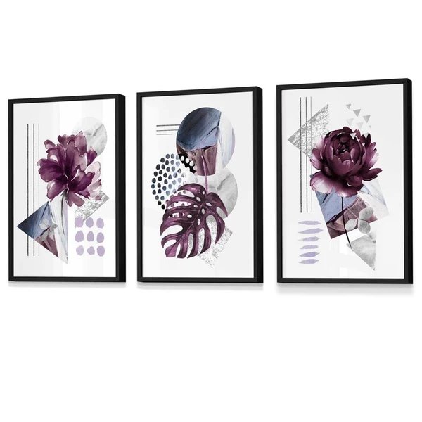 Abstrakte, lila und silbergraue florale Wandbilder mit Rahmen