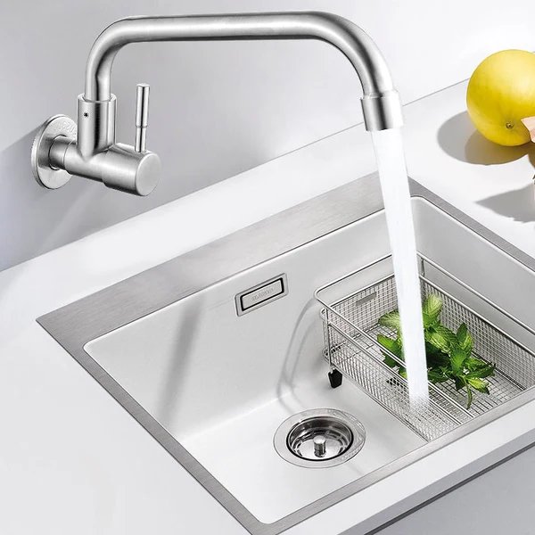 Moderner Brücken Wasserhahn 304 Edelstahl Knopfgriff Schwenkauslauf Wandmontierter Wasserhahn
