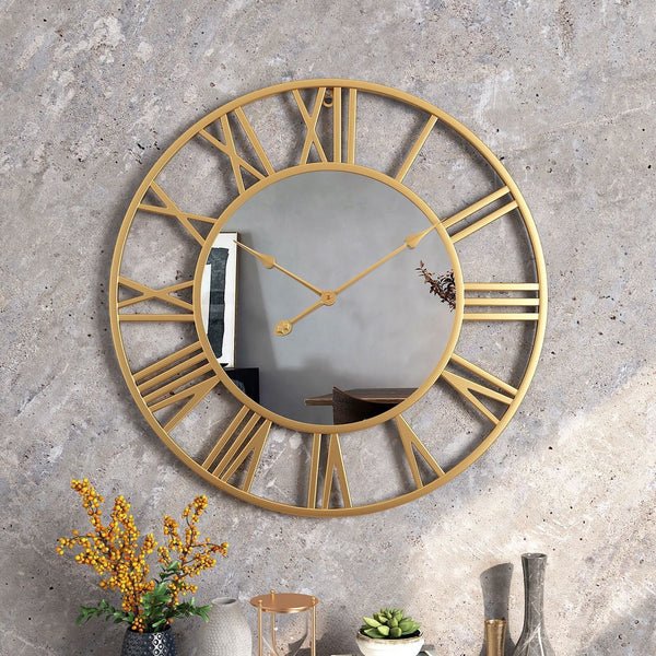 Metall Vintage Große Wanduhr mit Spiegel 39cm Hover Image