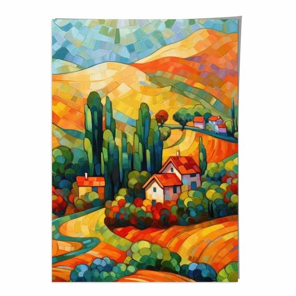 Farbenfrohe Landschaft mit Haus, abstraktes Gemälde, Kunstdruck
