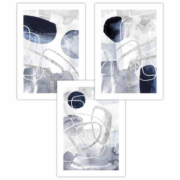 Abstrakte blaue und silberne Formen, 3er-Set Wandbilder