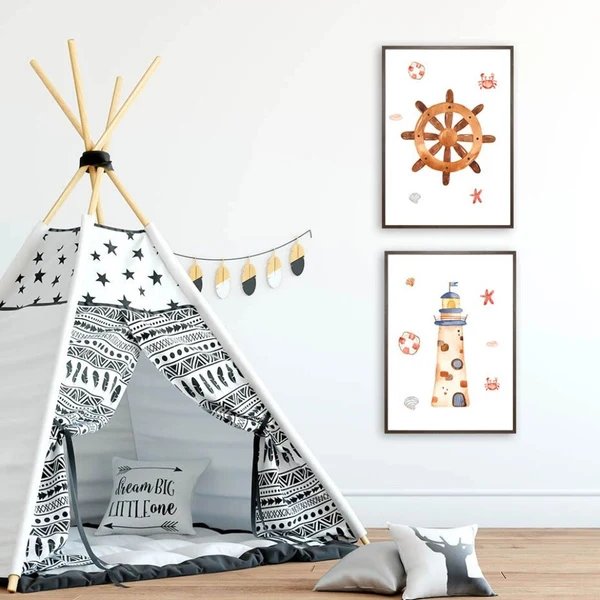 Wandbild mit Segelboot, Leuchtturm und Anker fürs Kinderzimmer – Leinwandbild Hover Image