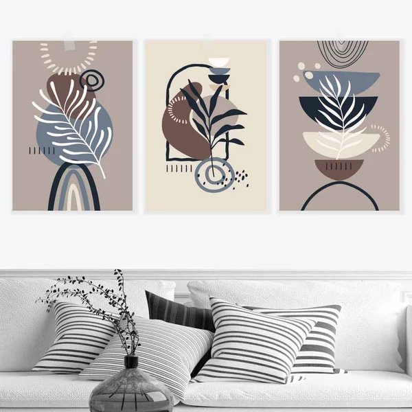 Boho-Botanisches Set aus 3 Wandbildern in Schwarz, Beige, Blau und Braun
