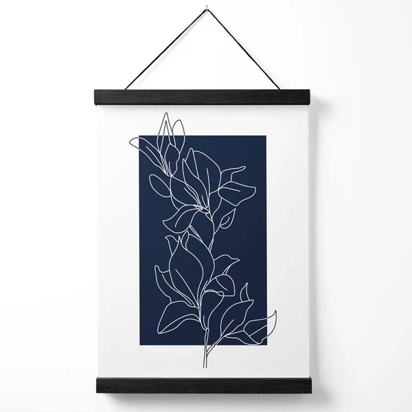 Abstraktes marineblaues und weißes florales Linienkunst-Poster mit Aufhänger Hover Image