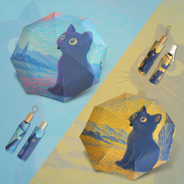 Damen Automatischer Faltregenschirm mit kreativem Katzenmotiv Hover Image