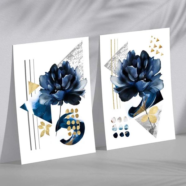 Zeitgenössische Blumen in Blau und Gold, 2er-Set Kunstdrucke