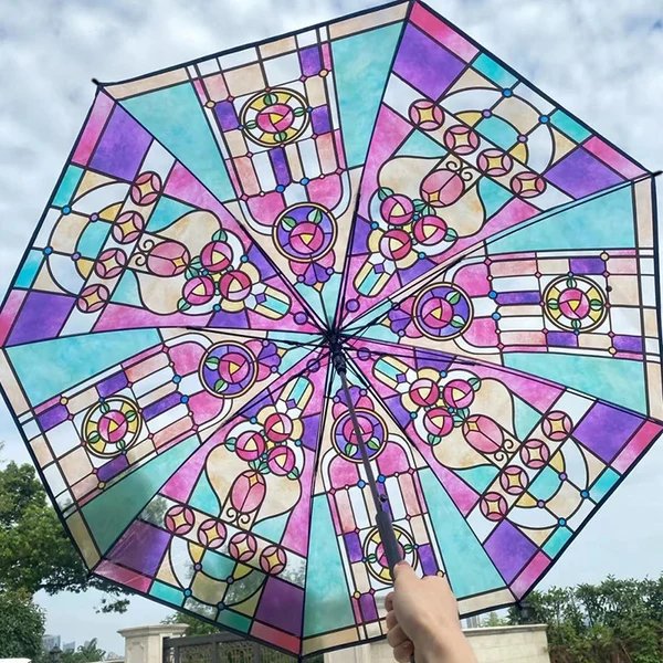 Damen Faltbarer Regenschirm mit kunstvollem Glasfenster-Motiv
