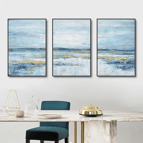 3er Set Blaues Ozean-Szenen Wandkunst Feine Kunst Leinwand Drucke Abstrakte Meereslandschaft Bilder Für Wohnzimmer Schlafzimmer Hotelzimmer Kunstdekoration Hover Image