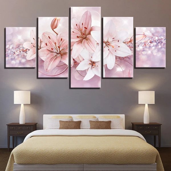 Glitzernde Sanfte Rosa Blumen 5 Stück - Leinwand Wandkunst Malerei