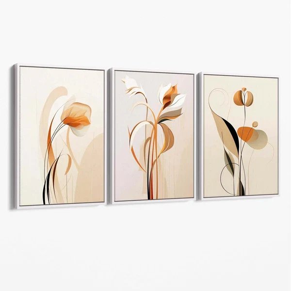 Art-Deco-Leinwanddrucke, beige-orange mit Blumenmuster, 3er-Set Hover Image