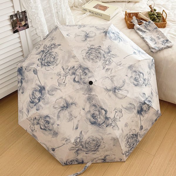 Damen Faltbarer Regenschirm mit floralen Motiven und Tragetasche