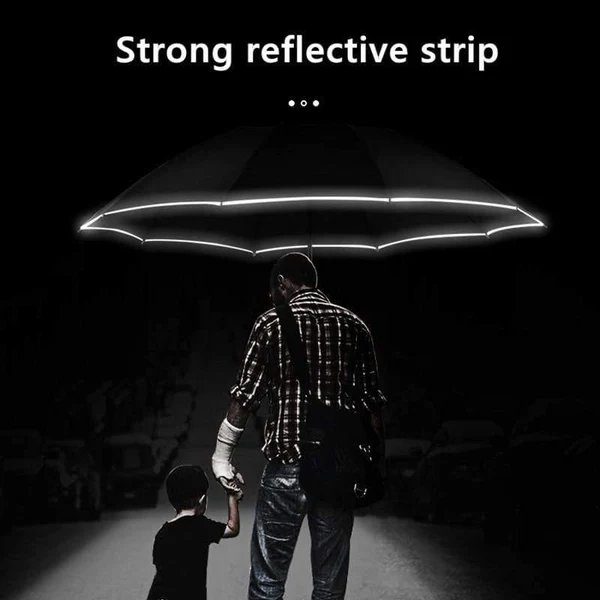 Automatischer Regenschirm mit reflektierendem Streifen, umgekehrter LED-Licht-Regenschirm, dreifach faltbar, invertiert, 10 Rippen, winddichte Regenschirme für Reisen Hover Image