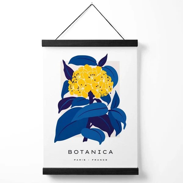 Abstraktes Marktplakat mit gelben und blauen Hortensienblüten und Aufhänger Hover Image