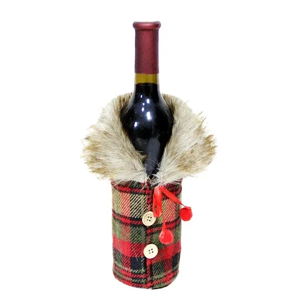 Weihnachtliche Flaschenhülle mit Fellkragen – Festliche Hülle für Weinflaschen, Wichtel-Deko für Weihnachten, Perfekt als Geschenkverpackung