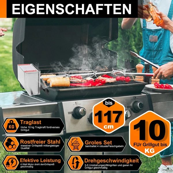 BBQ Grillspieß Edelstahl Motor 4x Fleischnadel Hover Image