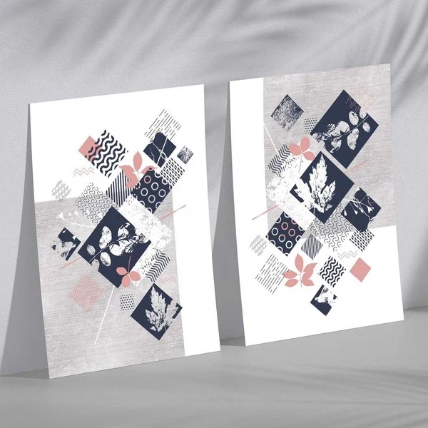 2-teiliges Set Kunstdrucke mit floralem Mixed-Media-Muster in Blau, Rosa und Grau