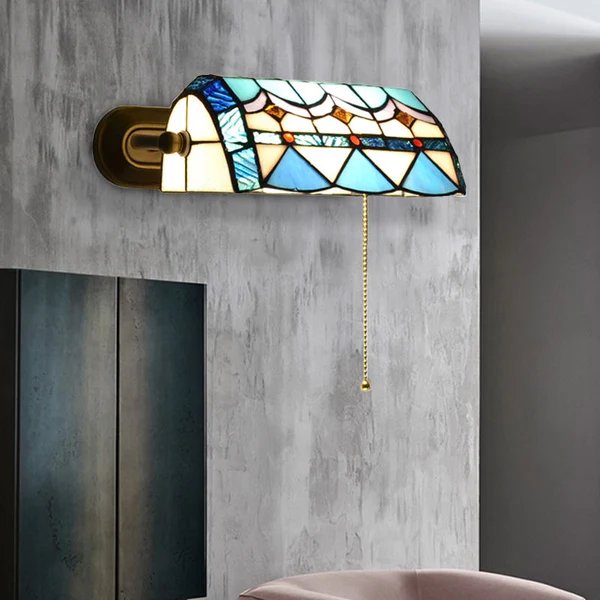 Mediterrane Bankerlampe mit Zugkette Buntglas 1 Licht Wand sconce in Blau