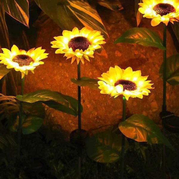 Zeitgenössische kreative solarbetriebene wasserdichte Sonnenblume Seide ABS Edelstahl LED Außenlicht für Garten