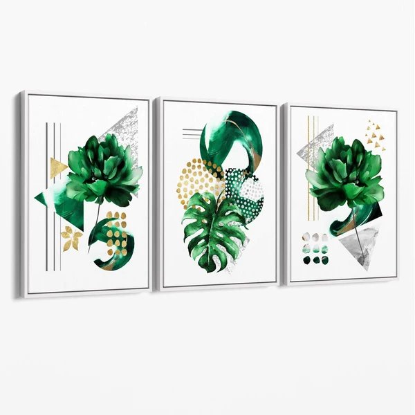 Abstraktes grün-goldenes Blumenmotiv, Set aus 3 Leinwänden Hover Image