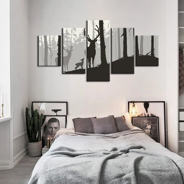Silhouette einer Hirschfamilie, 5-teilig - Leinwandbild