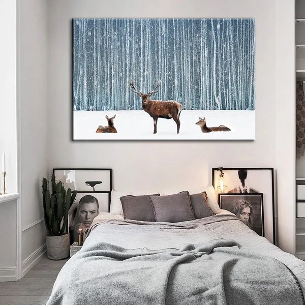Zwei Rehe und ein Hirsch im Winter - Leinwandbild