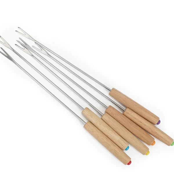 6 Stück Edelstahlgabeln mit Holzgriff für BBQ Lagerfeuer Grill Hover Image