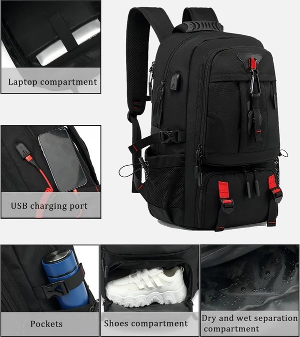60L wasserdichter Reise-Laptop-Rucksack mit USB-Anschluss und Schuhfach Hover Image